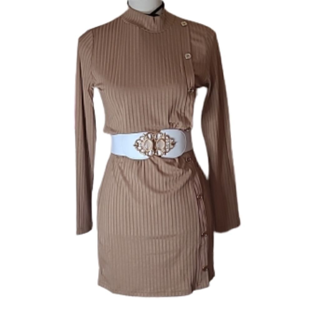  Ribbed Knit Mock Neck Fitted Dress M side button detail - Picture 2 of 13